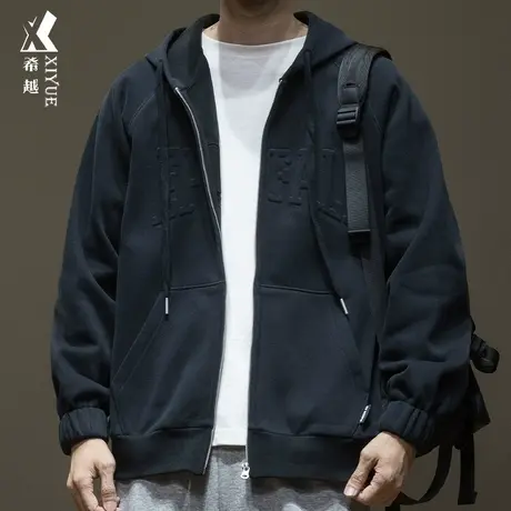 希越奥粒绒字母压印重磅卫衣男士秋冬季开衫连帽潮牌外套宽松大码商品大图