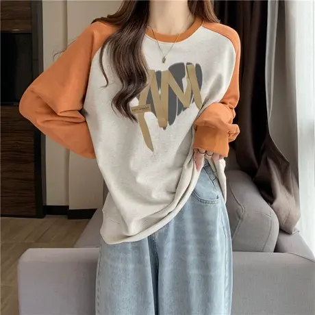 美式高街潮牌撞色拼接长袖卫衣女秋冬宽松加绒加厚外套插肩袖上衣商品大图