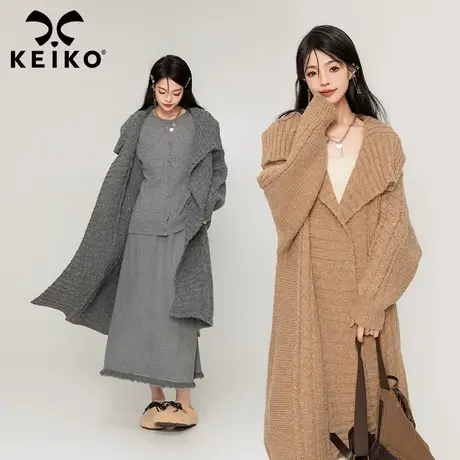 KEIKO【3色】软糯扭花中长款开衫毛衣女秋冬大翻领针织毛线外套厚商品大图