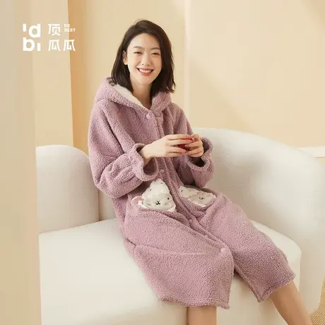 顶瓜瓜顶瓜瓜睡裙女士秋冬可爱珊瑚绒加绒睡衣连帽浴袍YSZB图片