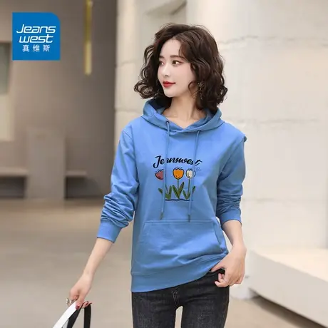 真维斯连帽卫衣女春秋款时尚印花宽松长袖上衣简约纯色外套潮图片