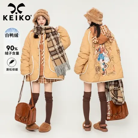 [145g白鸭绒]高级感轻薄保暖羽绒服2023冬季日系印花菱格绗缝外套商品大图