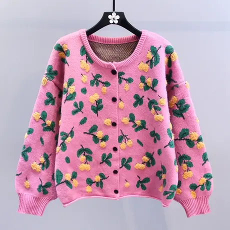 日系甜美花朵提花毛衣外套女秋冬2023新款宽松慵懒风百搭针织开衫商品大图