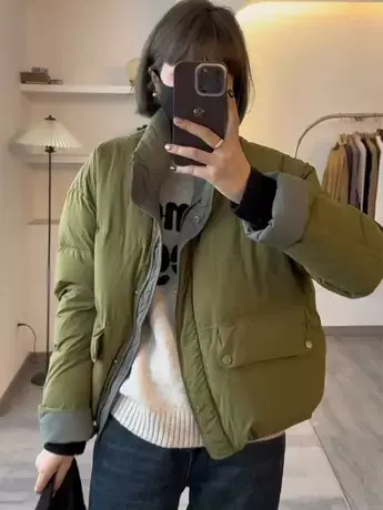 欧货撞色羽绒服女加厚面包服2023秋冬新款宽松立领拼色白鸭绒外套图片