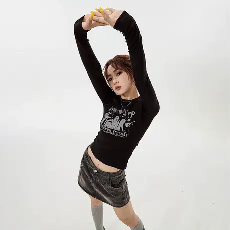 YEP美式复古正肩长袖t恤女2023新款春秋款潮牌辣妹风紧身短款上衣图片