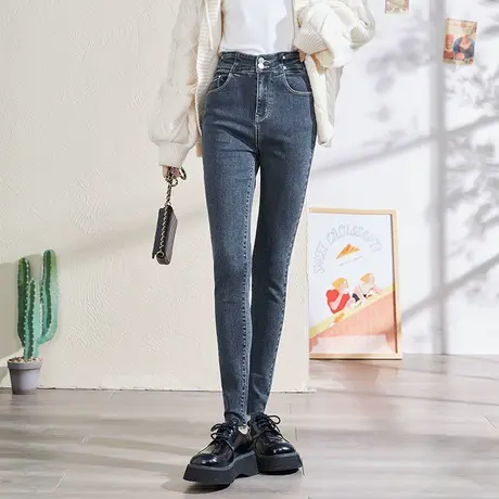 唐狮裤子春秋季女紧身高腰牛仔裤修身小脚裤毛边显瘦弹力时尚女图片