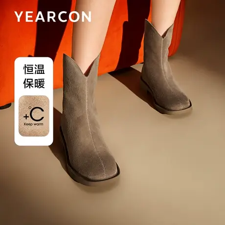 意尔康V口短靴女2023冬款西部中筒靴英伦风圆头后拉链百搭显瘦靴图片