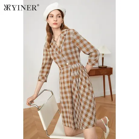 【格纹】YINER音儿奥莱女装秋西装领格子连衣裙图片