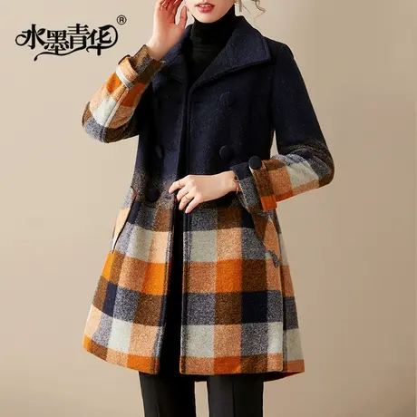 水墨青华2024春新款时尚名媛优雅中长款格子毛呢外套百搭女呢大衣商品大图