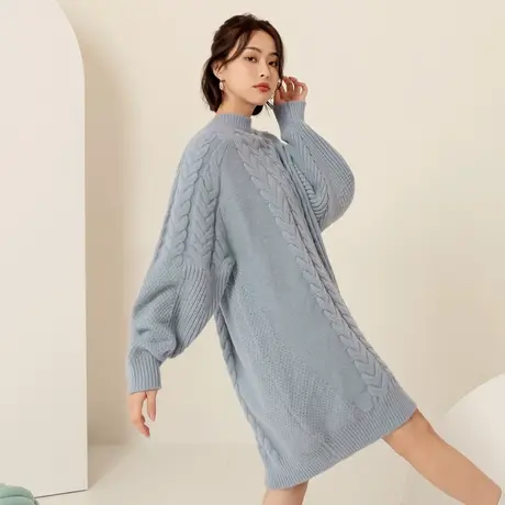 桔熊秋冬季保暖宽松中长款毛衣女麻花纹泡泡袖连衣裙子大码FA2870商品大图