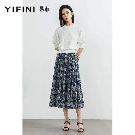 Yifini/易菲碎花百褶中长款半身裙夏季新款薄款百搭蛋糕裙子图片