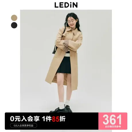*乐町设计感翻边风衣2023秋季新款女中长款早春燕麦色黑色通勤图片