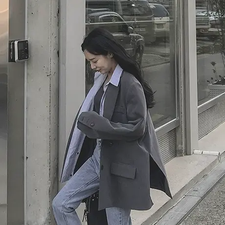 新款chic小西装女装外套条纹衬衫拼接韩版宽松大码休闲时尚西服潮图片