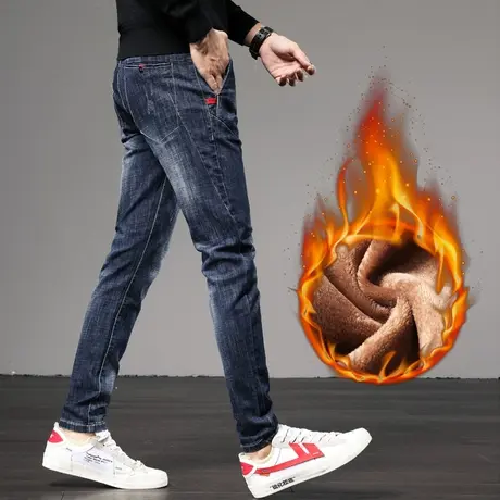 冬季高端保暖男士加绒加厚长裤子宽松直筒弹力牛仔裤男外穿秋冬款商品大图