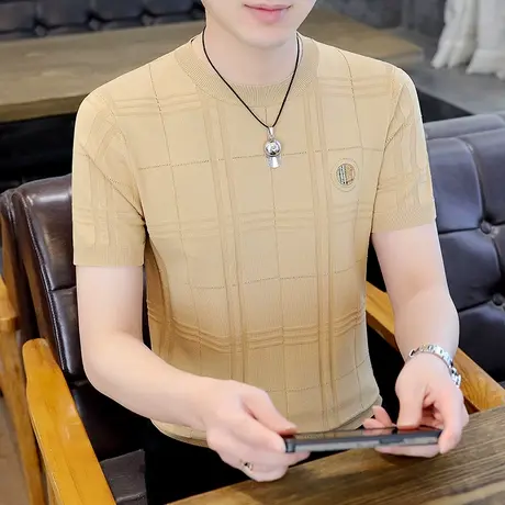 夏季高端潮牌冰丝短袖男士刺绣微章半袖帅气烫钻针织提花格子t恤商品大图