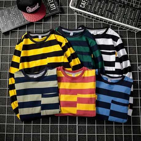 春季长袖t恤男士潮流条纹印花休闲原宿bf风新款上衣服宽松打底衫商品大图