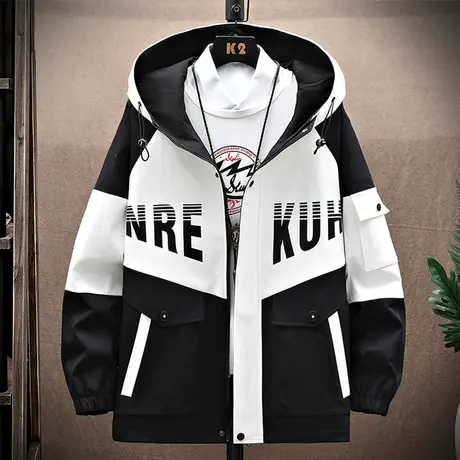 连帽外套男士春秋季新款宽松拼接工装冲锋衣男生潮牌印花休闲夹克商品大图