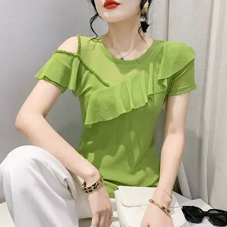 荷叶边圆领T恤女短袖2023夏季新款性感露肩上衣洋气网纱修身小衫商品大图