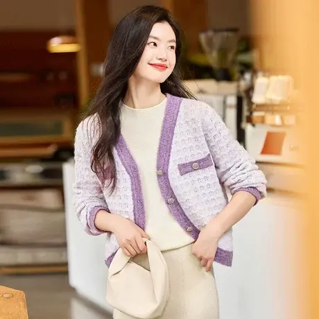 时尚气质温柔百搭2023年秋季新款女装V领宽松短款小香风毛衣开衫商品大图