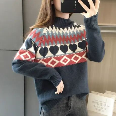 2023冬季新款韩版宽松半高领毛衣女网红时尚洋气慵懒风针织打底衫商品大图