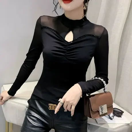 性感气质打底衫女春秋款时尚钉珠网纱长袖T恤心机镂空紧身上衣ins商品大图