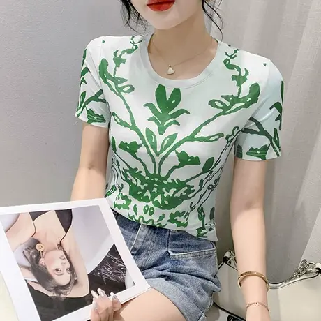欧货气质网纱短袖T恤女夏2024新款漂亮年轻印花小衫圆领修身上衣商品大图