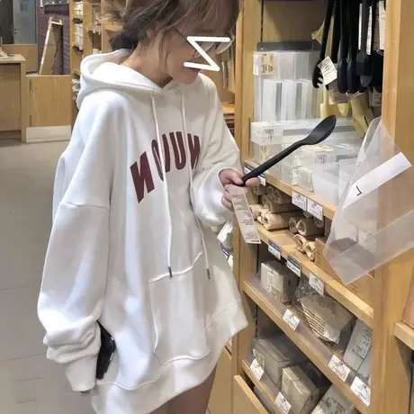 白色卫衣女秋冬薄款2023新款爆款无性别美式连帽外套韩系慵懒风厚商品大图