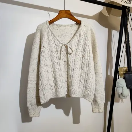 v领系带针织开衫女秋冬新款韩版宽松v领时尚百搭短款麻花毛衣外套商品大图