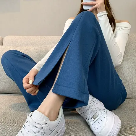 运动裤女春秋开叉微喇裤子2023新款休闲百搭宽松阔腿高腰垂感长裤商品大图