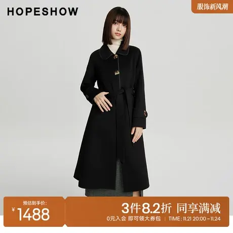红袖outlets撞色条翻领长款大衣hopeshow2023冬款单排扣毛呢外套图片