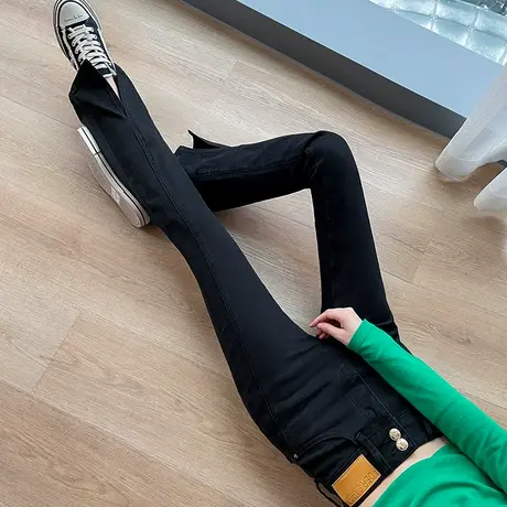 开叉牛仔裤女2024年新款高腰显瘦黑色微喇裤子秋冬季小个子喇叭裤商品大图