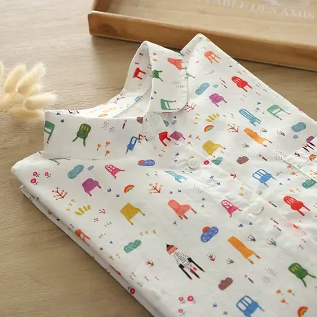 春秋装日系文艺小清新印花纯棉长袖白衬衫女学生宽松百搭打底上衣商品大图