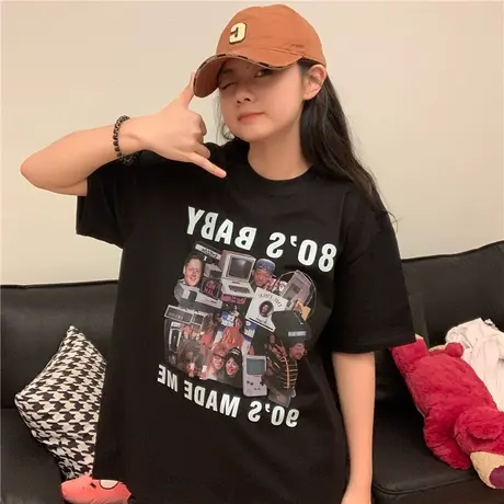 红续oversize美式复古80年代印花短袖T恤女2023新款高街潮牌半袖商品大图