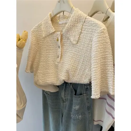 小众设计感泡泡袖T恤女短袖夏装百搭宽松显瘦POLO领半袖上衣ins潮商品大图