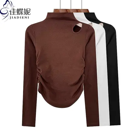 春秋新款半高领修身显瘦纯欲纯色纯棉镂空褶皱长袖体恤上衣女打底图片