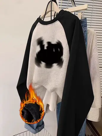 欧货大码胖mm显瘦卫衣女插肩袖设计感长袖ins潮秋冬加绒圆领上衣商品大图