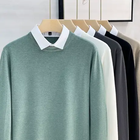 毛衣男秋冬季假两件衬衫领毛线衣新款男针织衫毛衣潮流休闲打底衫商品大图