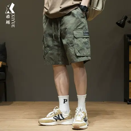 希越军绿迷彩工装短裤男夏季薄款多口袋宽松大码休闲裤子五分中裤图片