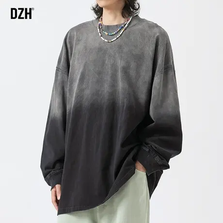 男士渐变色长袖t恤男春秋季圆领潮牌重磅纯棉打底衫男装2023新款商品大图