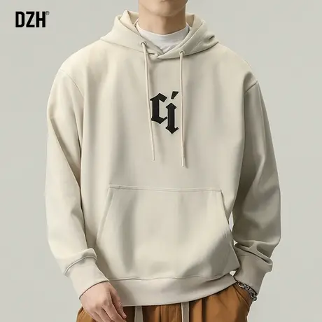 男士杏色卫衣男春秋连帽潮牌男装2024年新款春季刺绣上衣宽松帽衫商品大图