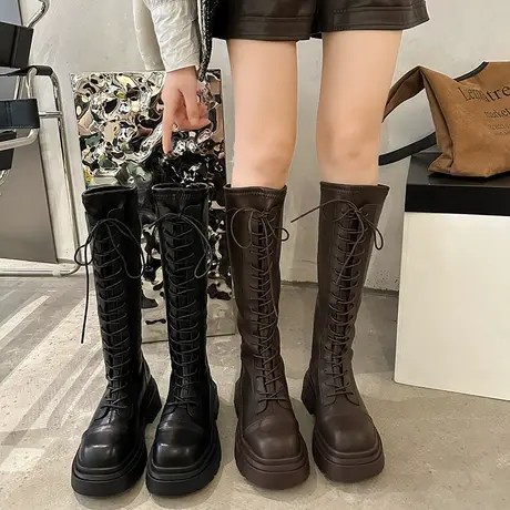 长筒靴女2023春秋季新款超火小众设计感气质瘦瘦靴粗跟厚底骑士靴图片