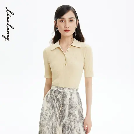 LANCY/俪雅翻领针织短袖套头衫T恤女专柜正品商场同款奥莱图片