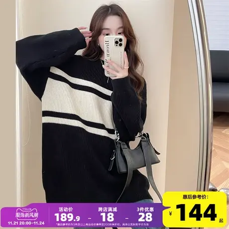 唐狮秋冬新款宽窄黑白条纹毛衣女2023年冬季宽松圆领中长款毛衣PO商品大图