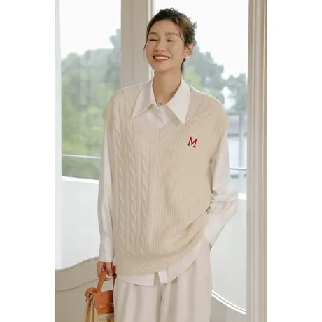 弥古v领针织马甲女春秋设计感小众拼接慵懒风毛衣背心叠穿小坎肩商品大图