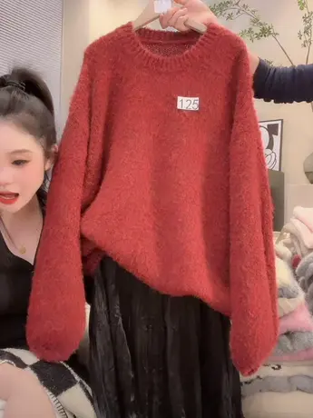 灯笼袖慵懒风红色毛衣女韩版宽松显瘦针织软糯设计感百搭时尚上衣商品大图