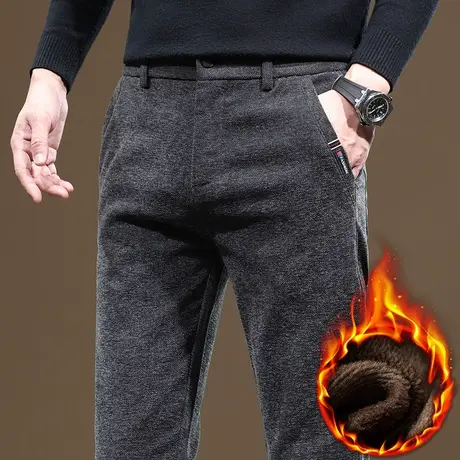 外穿磨毛呢加厚休闲裤子冬季男装直筒加绒保温商务西裤秋冬款男裤商品大图