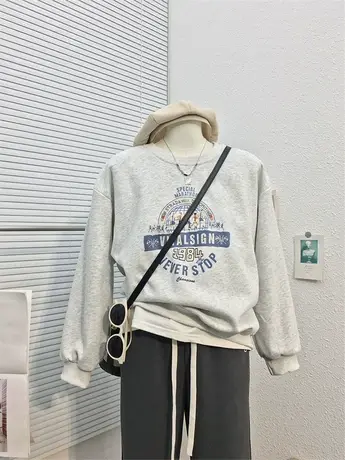 秋冬新款地球字母印花美式复古宽松休闲加绒加厚情侣卫衣女上衣服图片