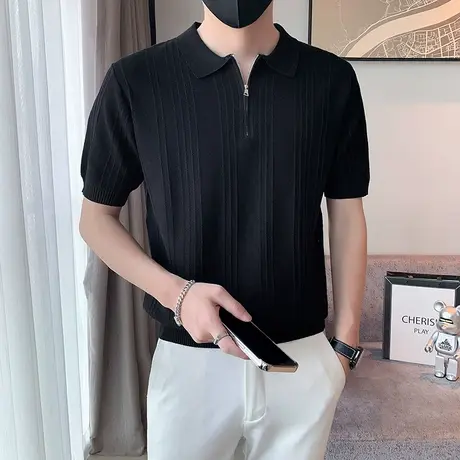 夏季男士t恤polo衫短袖翻领修身潮流纯色半拉链针织痞帅韩版体恤商品大图