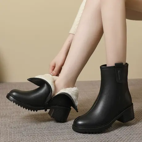 全牛皮真皮短靴女2023厚底大码女靴41一43冬季新款中跟高腰棉靴女商品大图