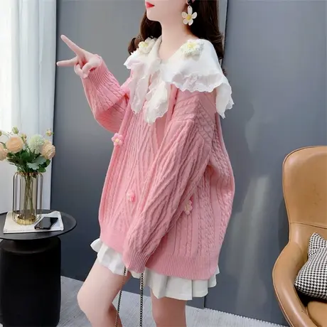 宽松洋气减龄甜美娃娃领毛衣女秋冬2023年新款设计感立体花朵外套商品大图